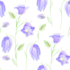 Obraz na płótnie Canvas Campanula flowers seamless pattern. Summer floral background, imitation of watercolor, hand drawing.Spring,summer holidays presents and gifts wrapping paper; For textiles,packaging,fabric,wallpaper.