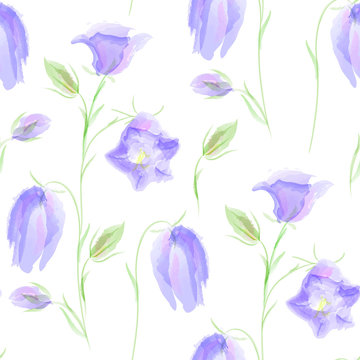 Campanula flowers seamless pattern. Summer floral background, imitation of watercolor, hand drawing.Spring,summer holidays presents and gifts wrapping paper; For textiles,packaging,fabric,wallpaper.