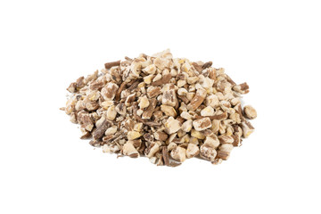 dandelion root or in latin Taraxaci radix heap of isolated on white background. medicinal healing herbs. herbal medicine. alternative medicine