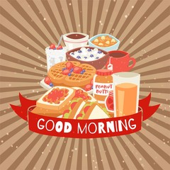 Good morning breakfast food assortment with belgian waffles, cream, berries, orange juice drink and egg, toasts vector illustration. Breakfast or brunch poster for cafe or hotel morning menu.