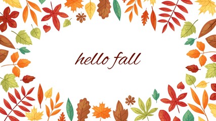 Autumnal fall frame of autumn leaves and typography isolated on white background vector illustration. Fall of the leaves and hello autumn lettering.