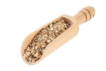 dandelion root or in latin Taraxaci radix in wooden scoop isolated on white background. medicinal healing herbs. herbal medicine. alternative medicine