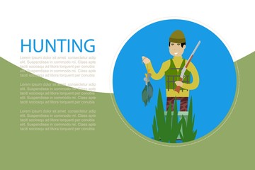 Hunting banner with hunter holding rifle and ducks cartoon vector illustration. Hunt sport recreation information banner.