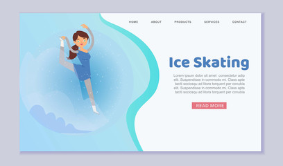Figure skating web template on ice winter season with girl prefessional skater cartoon vector illustration. Girl skates on ice skating-rink webpage.