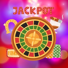 Wheel of fortune with bets and jackpot casino gambling play cartoon vector illustration. Gamble winner prizes and luck roulette symbols on blur background.