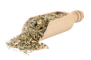 wormwood herb or in latin Absinthii herba herb in wooden scoop isolated on white background....