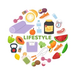 Sportive and healthy lifestyle with fitness, vegeterian diet and with weight scales, sport wear and food vector illustration. Fitness and healthy diet collection in circle poster.