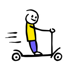 Little hand drawn stick figure boy riding his push scooter.