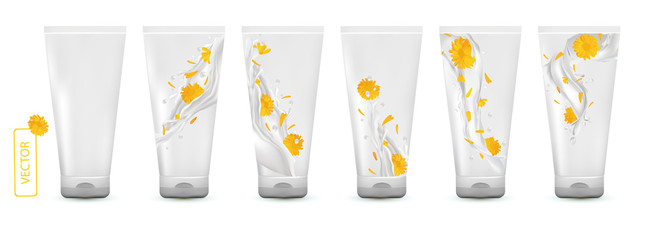 Collection calendula cream in tube. Milk splash with flower marigold. Cosmetic product. 3D realistic calendula. Vector illustration.