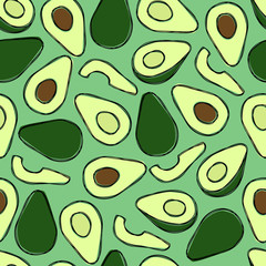 Vector seamless summer pattern with avocados. Tasty fruits drawn in line art and colored in misprint style