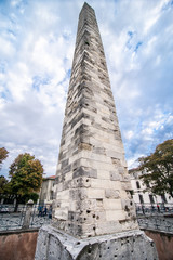 Istanbul, Turkey - October, 2019 : Obelisk of Theodosius with hieroglyphs in Sultanahmet Square,...