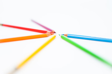 Set of colored pencils on a white background. Color pencils isolated on white background. Copy space by color pencils.
