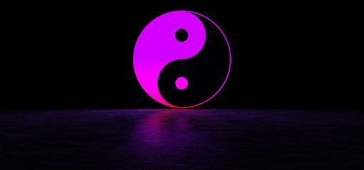 Glowing yin yang symbol in dark space. 3D Render.