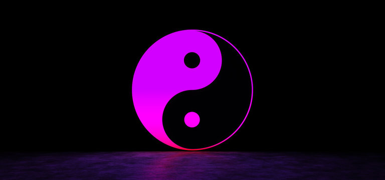 Glowing yin yang symbol in dark space. 3D Render.