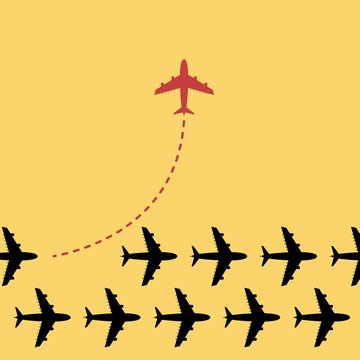 Think different business concept illustration, Red airplane changing direction . New idea, change, trend, courage, creative solution, innovation and unique way concept.