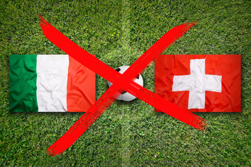 Canceled soccer game, Italy vs. Switzerland flags on soccer field