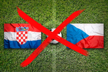 Canceled soccer game, Croatia vs. Czech Republic flags on soccer field
