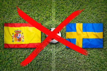 Canceled soccer game, Spain vs. Sweden flags on soccer field
