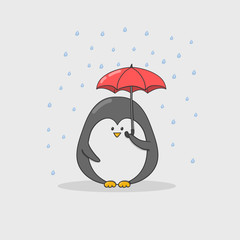 Cute penguin with red umbrella.