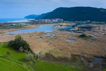 Aerial view of the Victoria marshes, Noja. Marismas de Santoña, Victoria y Joyel Natural Park, Cantabrian Sea, Cantabria, Spain, Europe