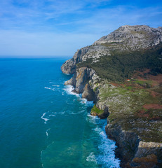 Fototapeta na wymiar Aerial view of the coastal landscape in the Liendo Valley, Liendo, Cantabrian Sea, Cantabria, Spain, Europe