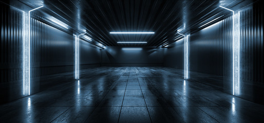 Sci Fi futuristic Neon Blue Concrete Garage Underground Cyber Virtual Lines Pillars Pantone Classic Spaceship Showroom 3D Rendering © IM_VISUALS