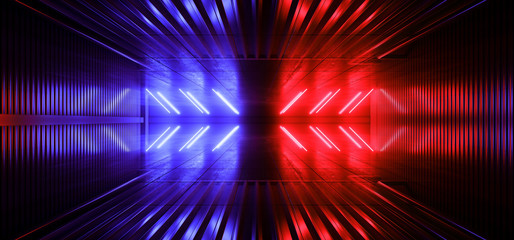 FSci Fi Futuristic  Laser Neon GLowing Blue Pantone Blue Violet Metal Construction Showroom Garage Underground Cyber Virtual Tunnel Corridor 3D Rendering