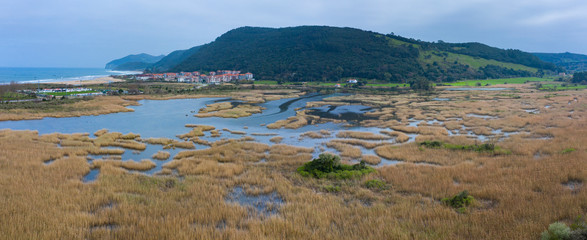 Aerial view of the Victoria marshes, Noja. Marismas de Santoña, Victoria y Joyel Natural Park, Cantabrian Sea, Cantabria, Spain, Europe