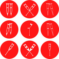 Set of crutches. Axillary crutch icons. Medical tool for people with disabilities and help after injury. Sign for web page, mobile app, button, logo. Vector isolated button. 