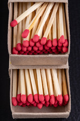 Matches in gray paper boxes. Wooden sticks with sulfur on the tip to ignite the flame.