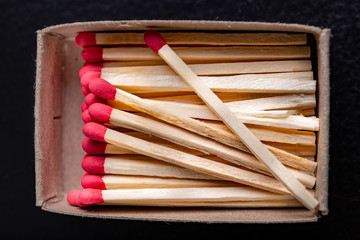 Matches in gray paper boxes. Wooden sticks with sulfur on the tip to ignite the flame.