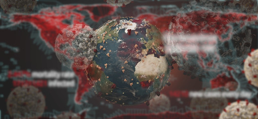 symbolic image virus cell and world map background design red 3d-illustration. elements of this image furnished by NASA