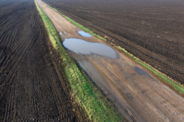 Dirt road with puddles in the field.