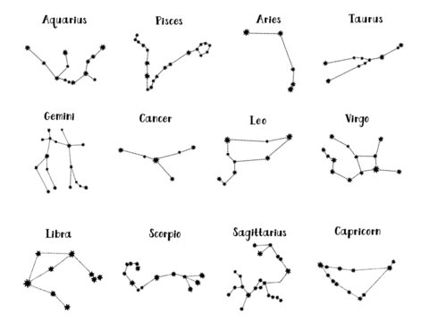 Set of 12 vector zodiacal constellations. Collection of 12 zodiac signs with titles. Aries, Taurus, Leo, Gemini, Virgo, Scorpio, Libra, Aquarius, Sagittarius, Pisces, Capricorn, Cancer. 