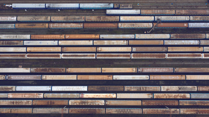 Top view of a sump of railway cars and trains.
