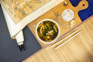 Miso soup with shiitake mushrooms and tofu cheese