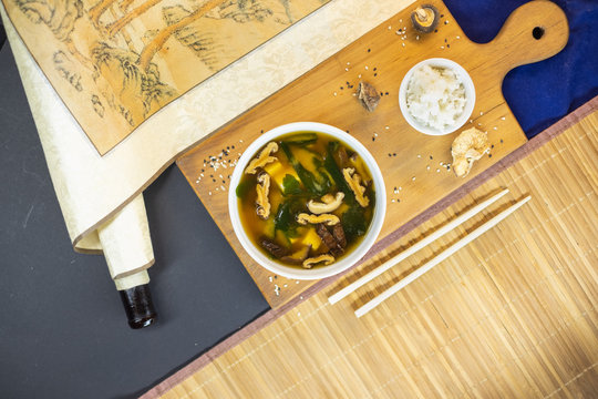 Miso Soup With Shiitake Mushrooms And Tofu Cheese