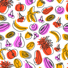 Vector seamless pattern with silhouette tropical fruits and lines on white background. Summer modern texture. Kitchen textile design, vegan shop package, children wallpaper, notebook covers, poster.