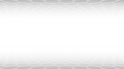 White Abstract Hexagon Background. Gray Hexagonal Perspective Grid. Vector Illustration. Futuristic Sci-fi Concept. Calm, Purity, Clean, Neutral Feel. Modern Pattern Backdrop. Presentation Template