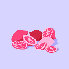 Pink lemon slices in cartoon style isolated on white background. Vector illustration with healthy organic food for poster, banners, advertising.