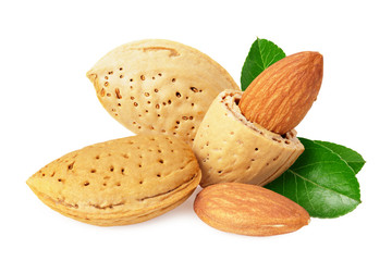 almonds with green leaves isolated on white background
