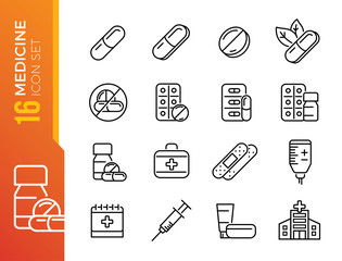 Medical drugs vector line icons. Pill, lozenge, syringe for injection, rectal suppository, pill blister. Editable Stroke.