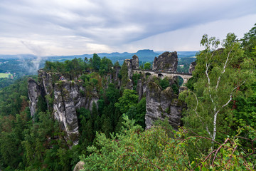 Famous bridge Basteibruecke in Saxon Switzerland on a cloudy day