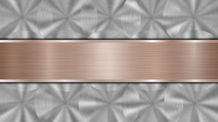 Background consisting of a silver shiny metallic surface and one horizontal polished bronze plate located centrally, with a metal texture, glares and burnished edges