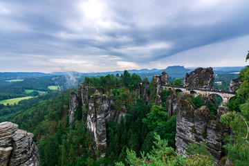 Famous bridge Basteibruecke in Saxon Switzerland on a cloudy day