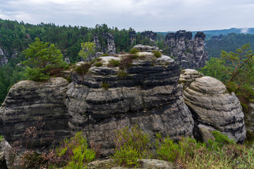 Lots of rocks in Saxon Switzerland near Dresden with fog