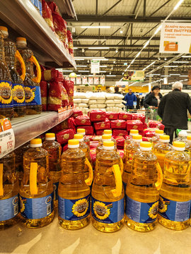 Klimovsk, Russia - March, 8, 2020: image of bottles of sunflower oil in a supermarket