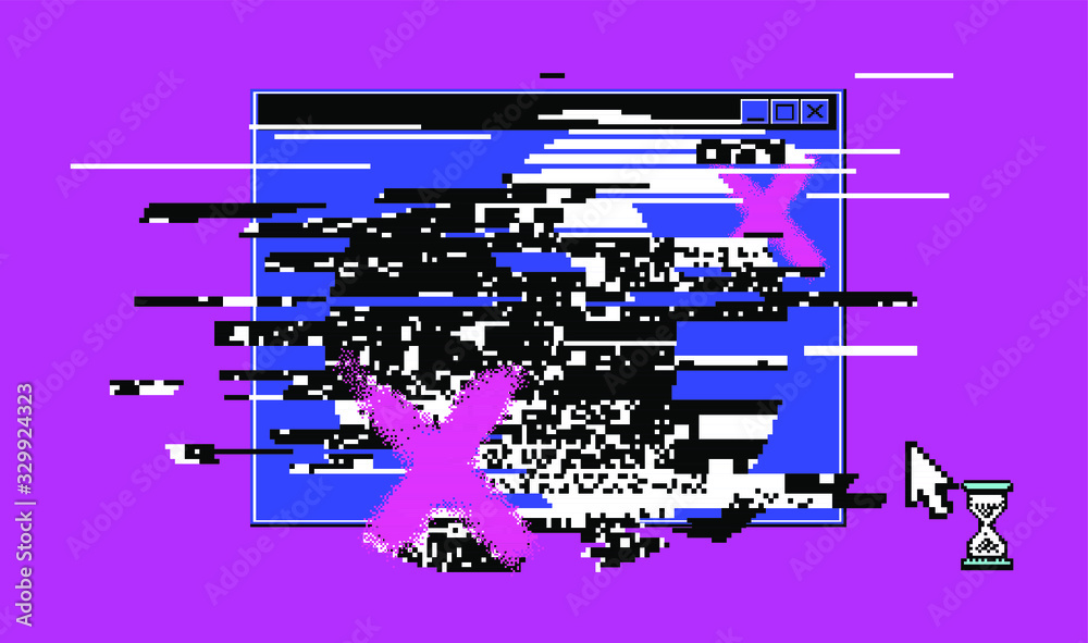Poster Computer screen with glitched pixels and noise. VHS camera effect like in old videotape rewind. 