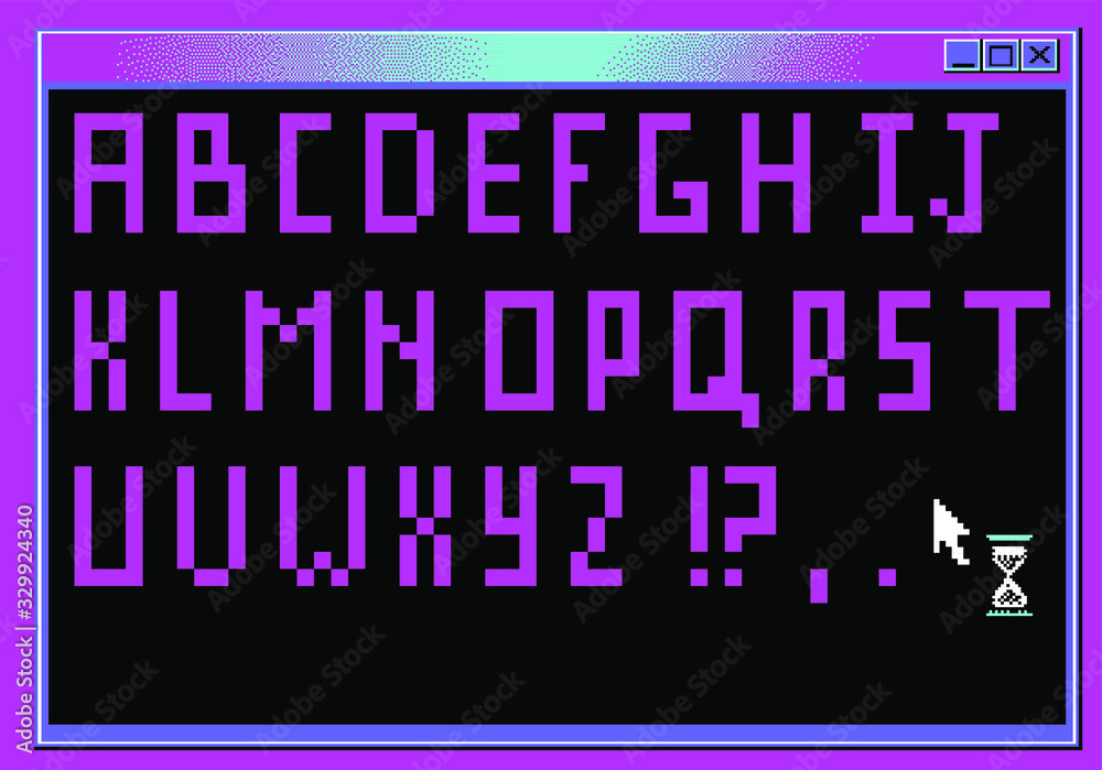 Poster Pixel alphabet letters and punctuation marks. Modern stylish font or typeface for headline in style of 80's retro video game, vintage computer typography.