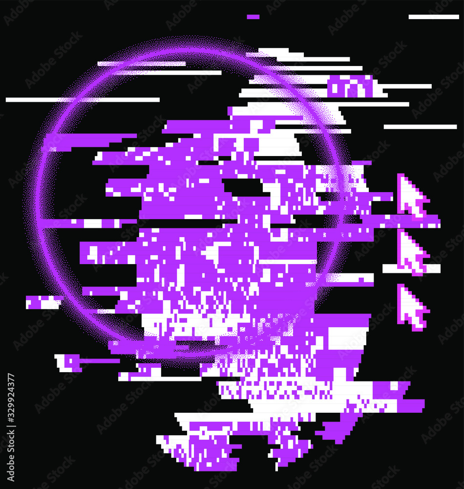 Poster Computer screen with glitched pixels and noise. VHS camera effect like in old videotape rewind. 